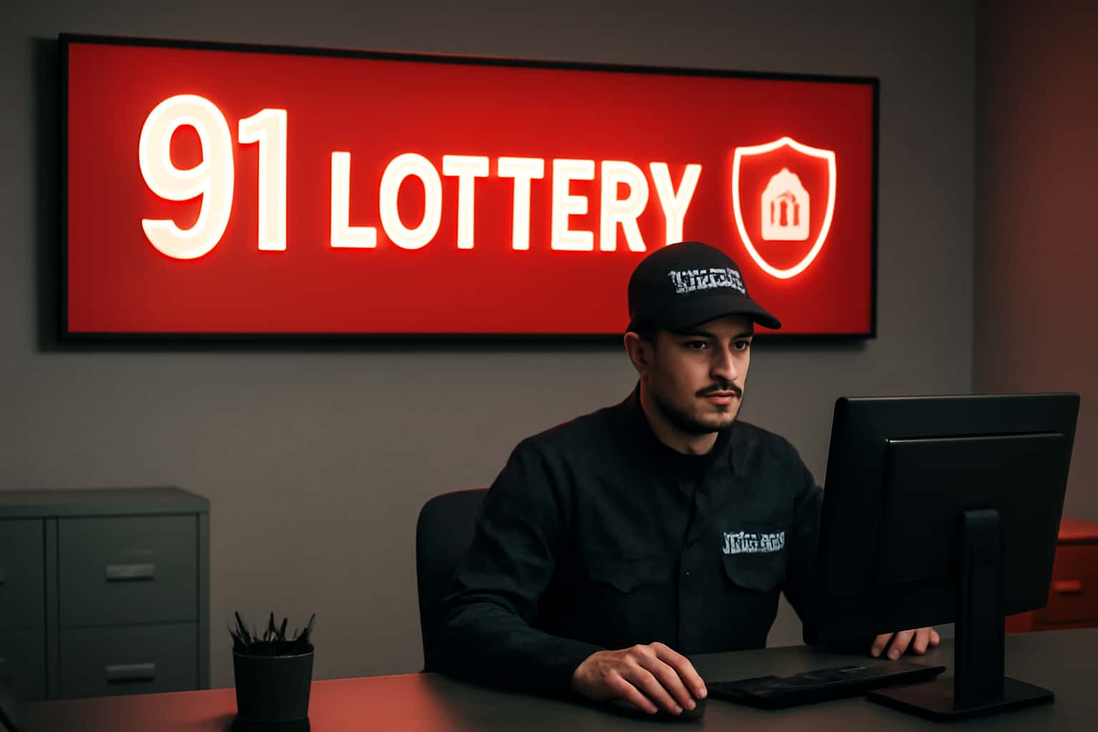 A high-tech security interface displaying 91 Lottery Security protocols.